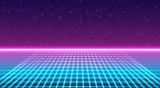 Vector retro futuristic neon grid background perspective grid