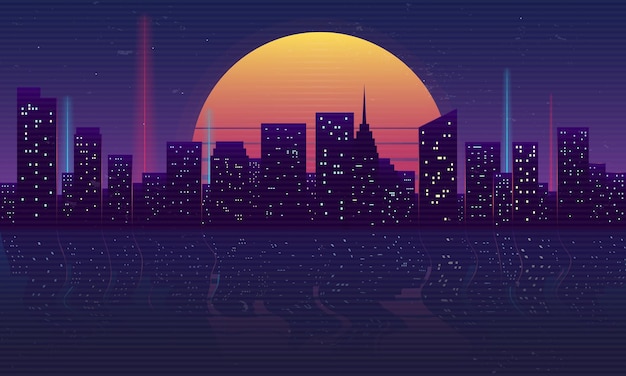 Retro futuristico concetto di città notturna retro 80s cityscape retro sfondo ondata