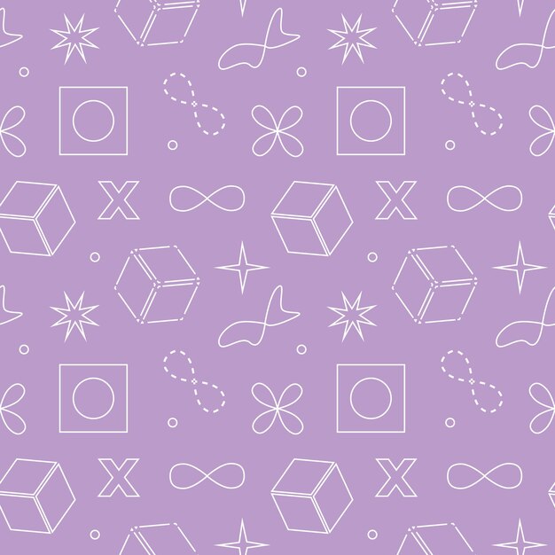 Retro futuristic seamless pattern with geometric shapes vector illustration of cube infinity symbol stars background with different symbols signs and futuristic objects