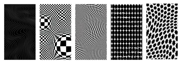 Retro futuristic set of backgrounds Y2K aesthetics Kaybug Twisted pattern surreal shapes altered patterns displaced shapes Vector illustration