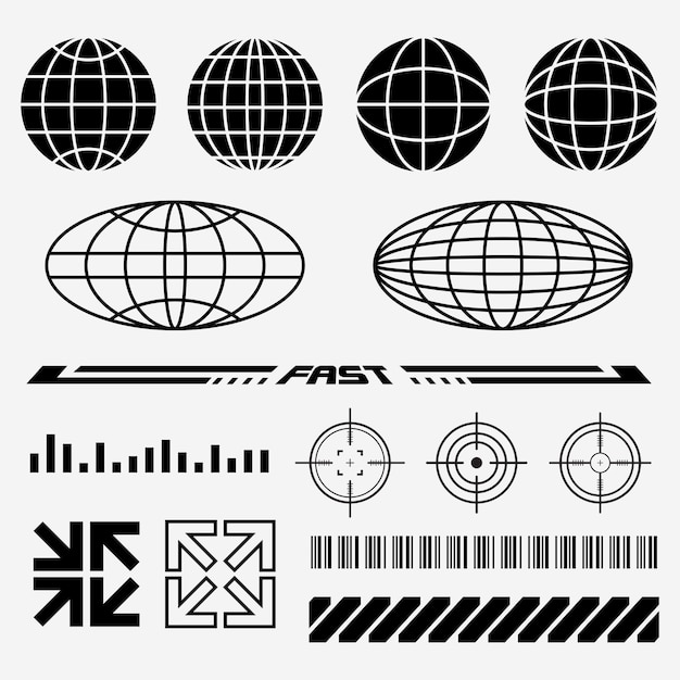 Retro Futuristic Shapes collectie globe barcode abstracte vorm voor straatkleding en y2k-ontwerp