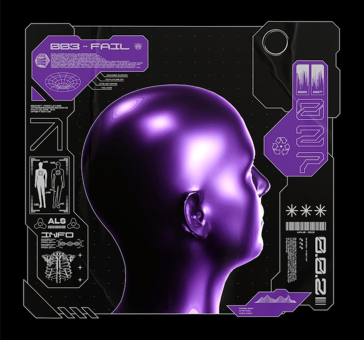 Vector retro futuristic square poster with metallic human head abstract print with cyberpunk frames for s