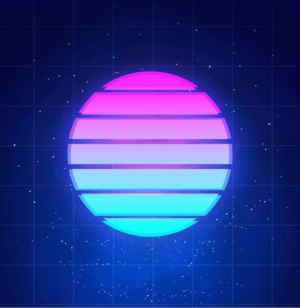 Vector retro futuristic sunset background. abstract neon sun in cyberpunk style on night sky with stars and clouds, vaporwave, synthwave music illustration.