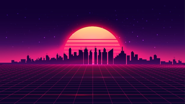 Vector retro futuristic synthwave retrowave styled night cityscape with sunset on background.