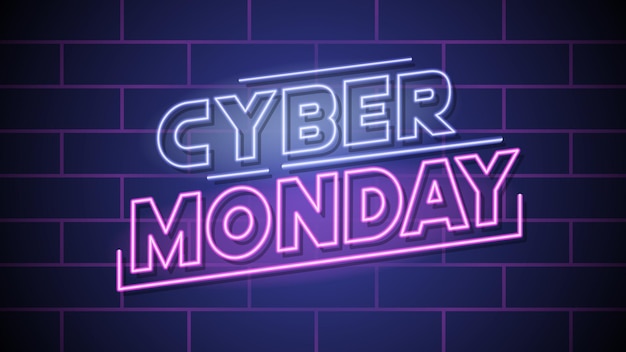 Vector retro futuristische cyber maandag verkoop banner met neon teken teksteffect