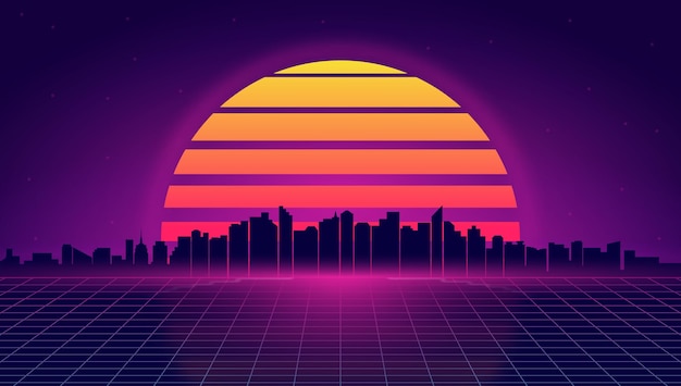 Retro futuristische nacht stadsgezicht retrowave en synthwave stijl illustratie van de skyline van de nacht stad