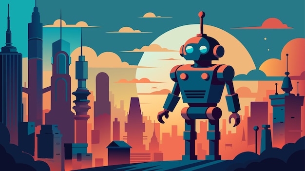 Retro-futuristische robot met uitzicht op een zonsondergang stadsbeeld vector illustratie