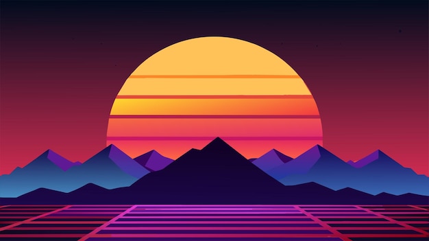 Vector retro-futuristische zonsopgang over de bergketen