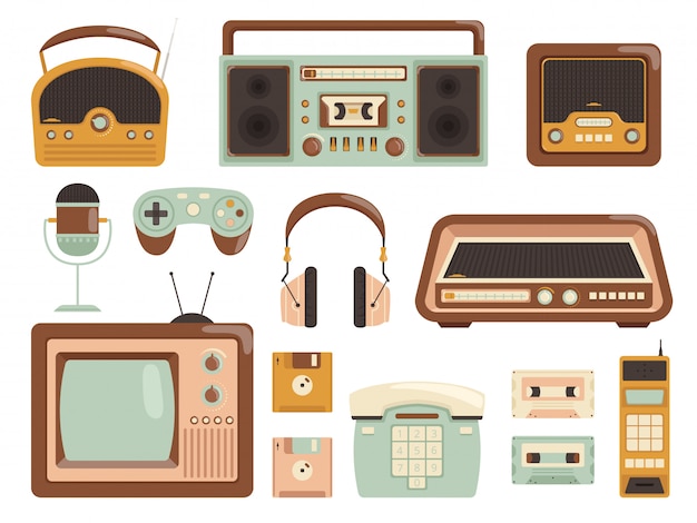 Retro gadgets. 80s elektronische cassetterecorder tape audio muziekspeler radio mobiele telefoon foto's