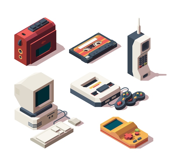 Vector retro gadgets. computer camera telephone vhs player game console portable old devices vector isometric. vintage game computer, old technology device player illustration