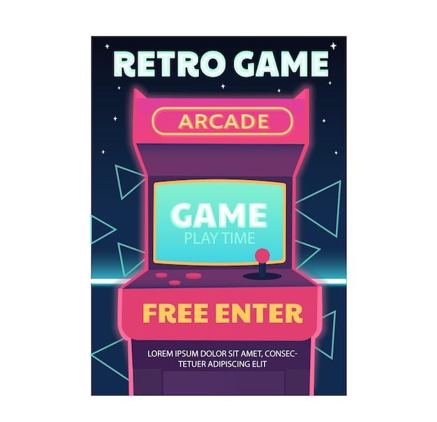 retro game arcade concept machine for gamers fun leisure and entertainment gadget and device video games in 80s and 90s retro style poster or cover cartoon flat vector illustration