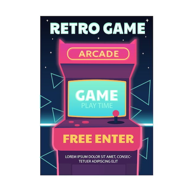 Vector retro game arcade concept machine for gamers fun leisure and entertainment gadget and device video games in 80s and 90s retro style poster or cover cartoon flat vector illustration