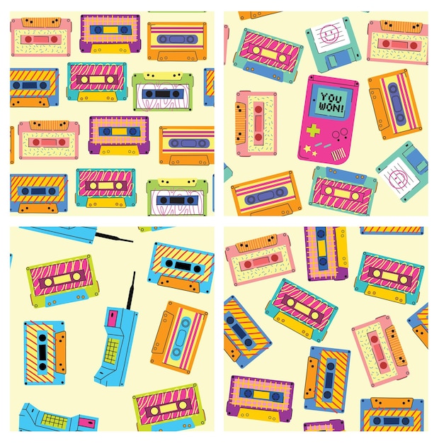 Retro game devices seamless pattern 90s cartoon doodle style vintage video gadgets audio cassette endless background illustrator