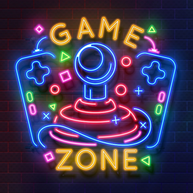 Retro game neon sign. Video games night light symbol, glowing gamer poster.