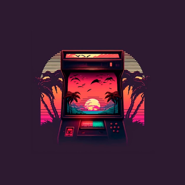 retro game silhouette in sunset