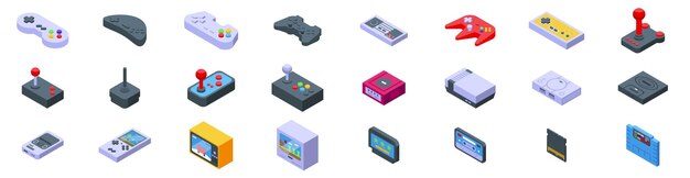 Retro gamepad iconen set Retro gaming consoles en controllers die nostalgisch entertainment bieden