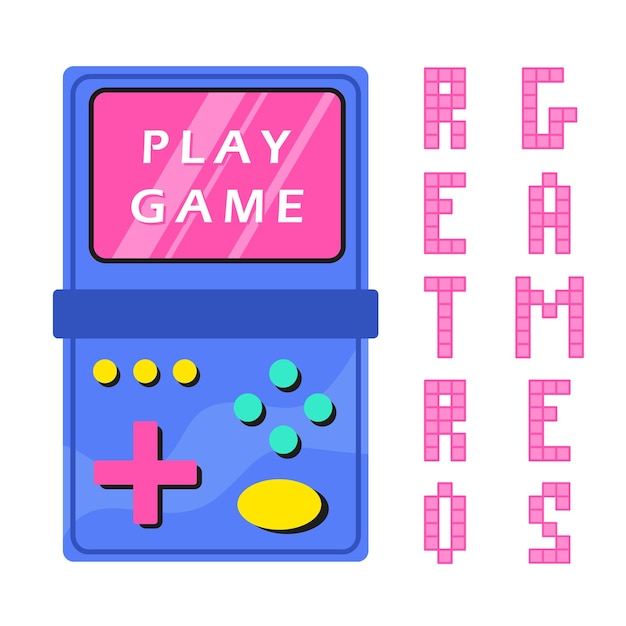 Giochi retrò 90x, 80x. gioco elettronico tetris. una brillante console di gioco acida. gioco nostalgico per bambini