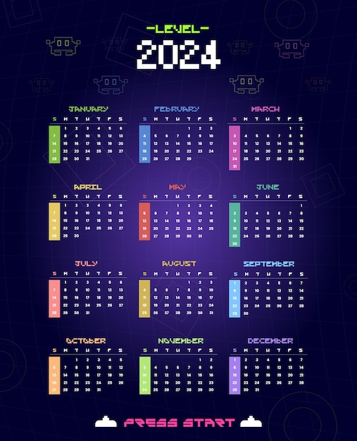 Vettore calendario retro di giochi per il 2024 pronto per la stampa