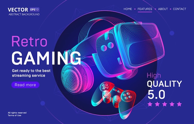 Vector retro gaming streaming service landing page template with vr helmet and gamepad. headset and joystick in 3d neon line art style