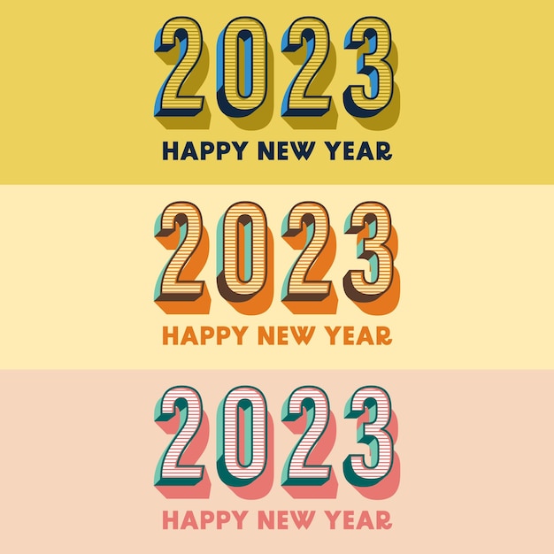 Retro gelukkig nieuwjaar 2023. Feestelijke nieuwjaarsviering van 2023 met retro kleuren en 3D-nummers.