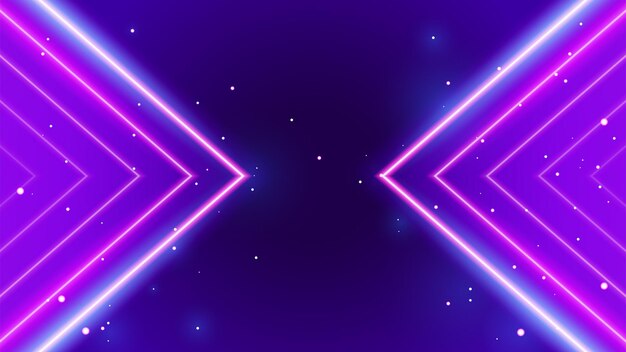 Retro geometric arrow neon light glowing purple with starry background