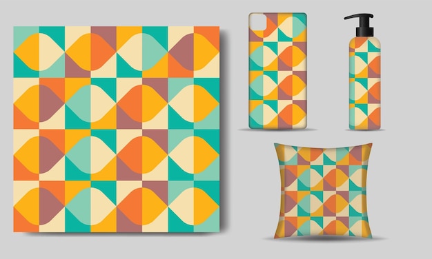 Vector retro geometric seamless pattern with colorful shapes and mockup