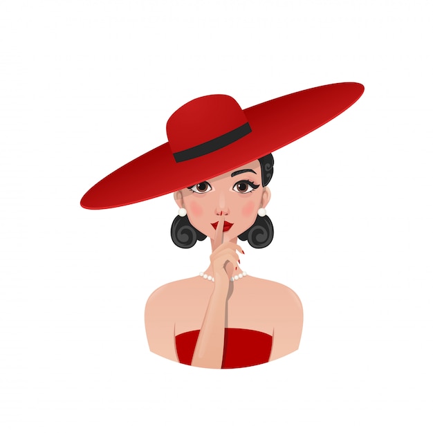 Vector retro girl in a red hat and dress