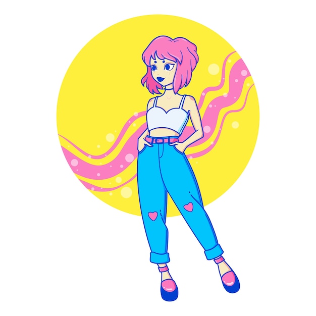 Retro girl with pink hair on a yellow-pink circle background