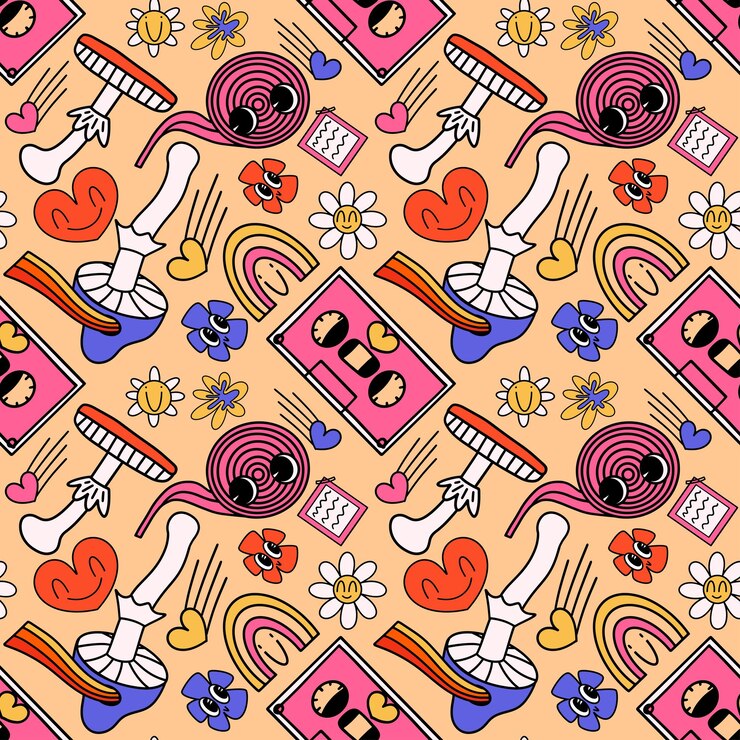 Vector retro girl with a rainbow on her legs stylish 60s character illustration