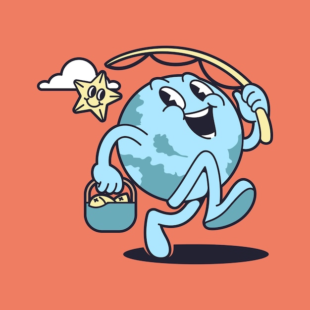 Retro globe cartoon mascotte karakter happy vintage wandelende aarde mascotte illustratie