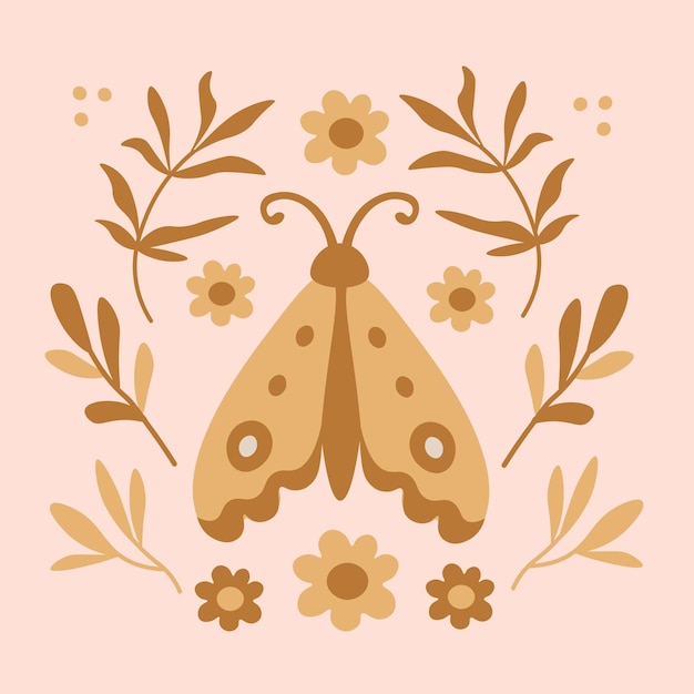 Retro greeting card with butterfly and flowers in boho style