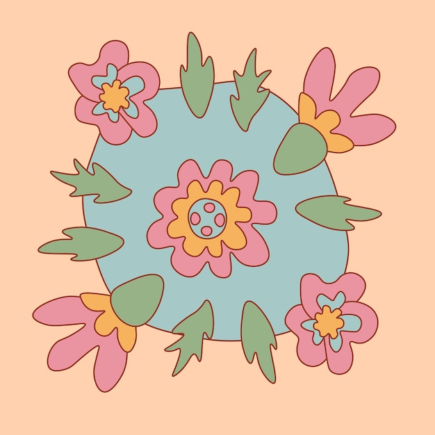 Retro greeting card with groovy flowers