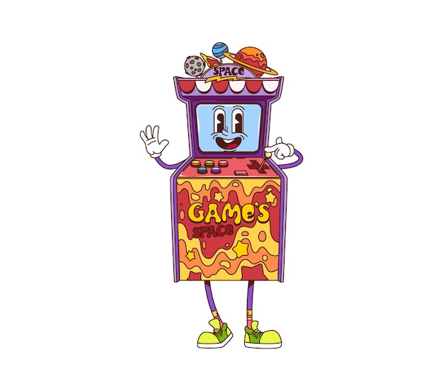 Retro groovy arcade videogame machine personage