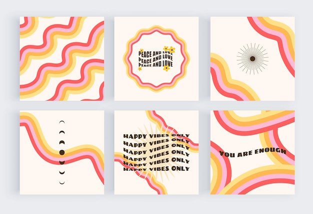 Retro groovy backgrounds for social media with wavy text and rainbow lines