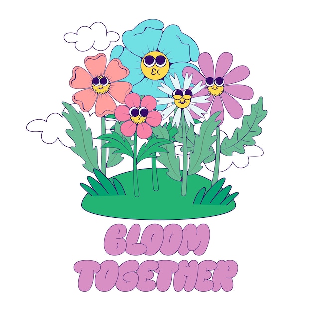 Vector retro groovy bloemen mascotte personages met citaat