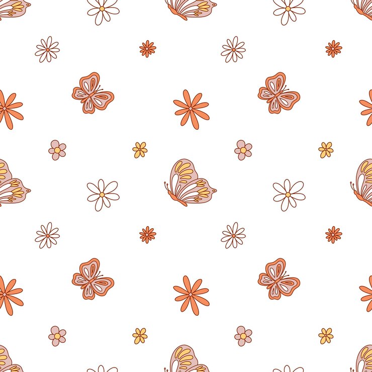 Vector retro groovy butterflies and flowers. vector seamless pattern. boho butterflies among daisies
