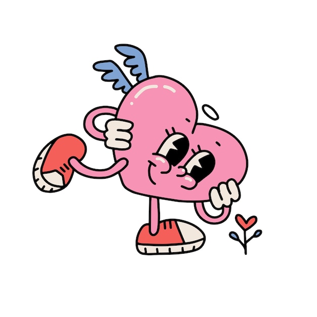 Retro groovy cartoon character of big pink heart heart mascot admiring a flower s vibes valentine da