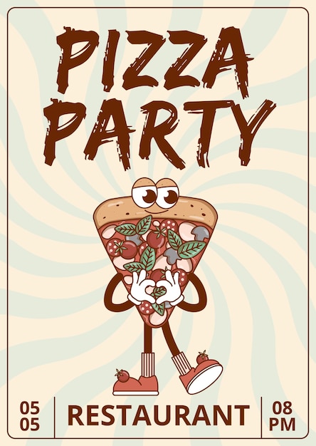 Retro groovy personaggio di cartoni animati fast food pizza poster pizza party con mascotte vintage sorriso psichedelico emozione illustrazione vettoriale funky