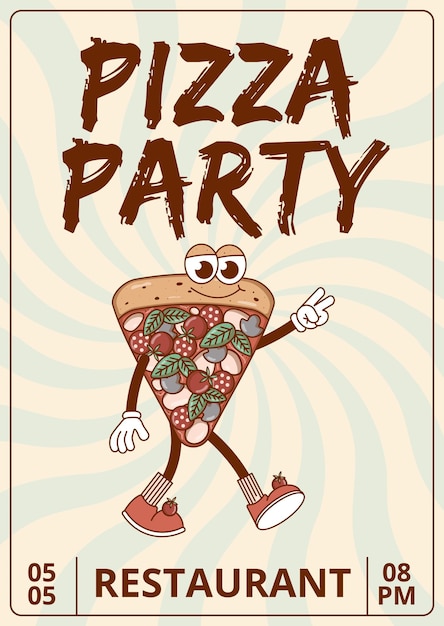 Vettore retro groovy personaggio di cartoni animati fast food pizza poster pizza party con mascotte vintage sorriso psichedelico emozione illustrazione vettoriale funky