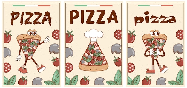 Вектор Ретро-художественный персонаж мультфильма быстрого питания пицца постер с винтажным талисманом психоделическая улыбка эмоция фанки векторная иллюстрация