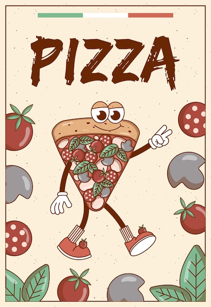 Vector retro groovy cartoon character fast food pizza poster with vintage mascot psychedelic smile emotion funky vector illustration