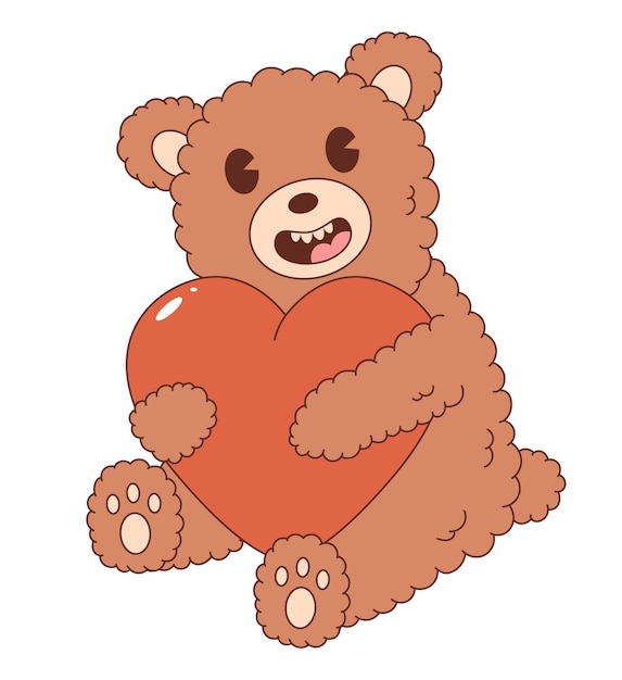 Ретро заводной мультяшный персонаж. Забавный медведь с красным сердцем. Для плакатов, открыток, печати и т. д. 70-е годы.