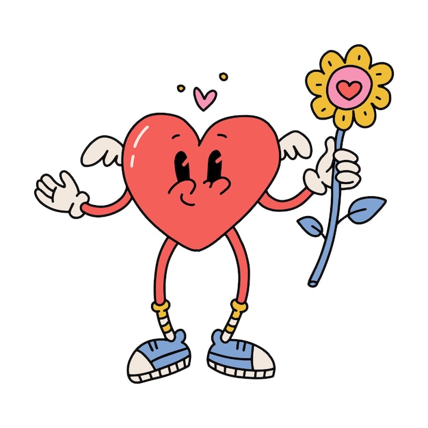 Vector retro groovy cartoon character red heart with big flower groovy s mascot for poster card print and i