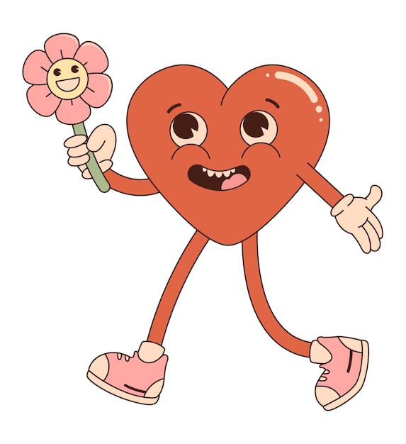 Retro groovy cartoon character. Red heart with happy flower. For poster, card, print, and itc.