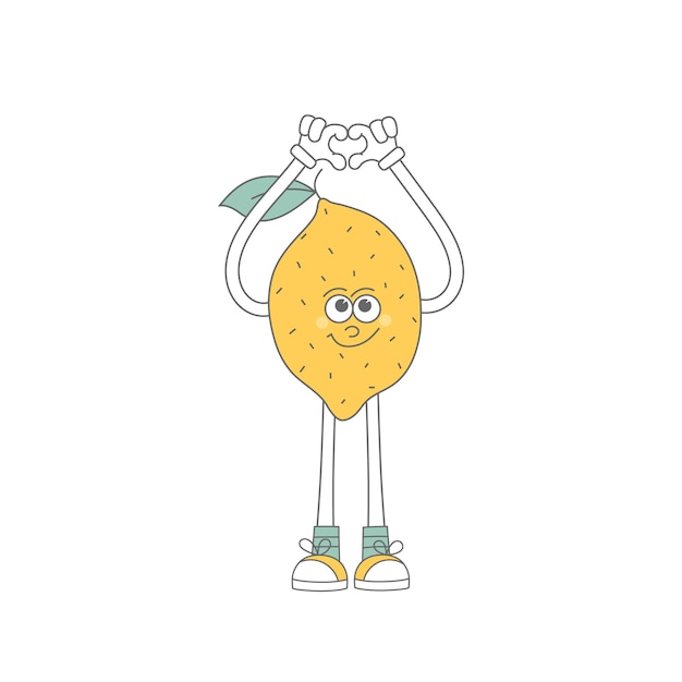 Vector retro groovy cartoon comic fruit different poses characters modern cute comic mascot of lemons