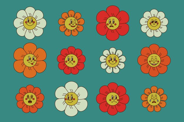 Retro groovy cartoon flowers set with faces