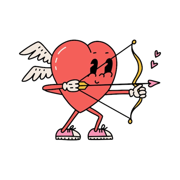 Vector retro groovy cartoon lovely heart for valentines day card and banner heart cupid with bow and arrow