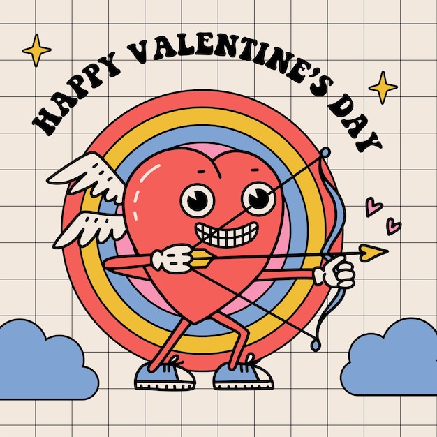 Retro groovy cartoon mooie hart mascotte met pijl en boog gelukkige valentijnsdag kaartsjabloon chara
