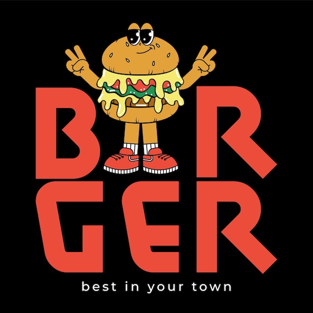 Retro groovy cartoon poster with character burger vintage mascot with psychedelic smile and emotion