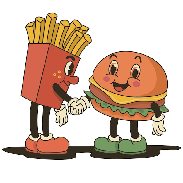 Vettore personaggi retrò groovy cartone animato psichedelico hamburger e patatine fritte illustrazione vettoriale